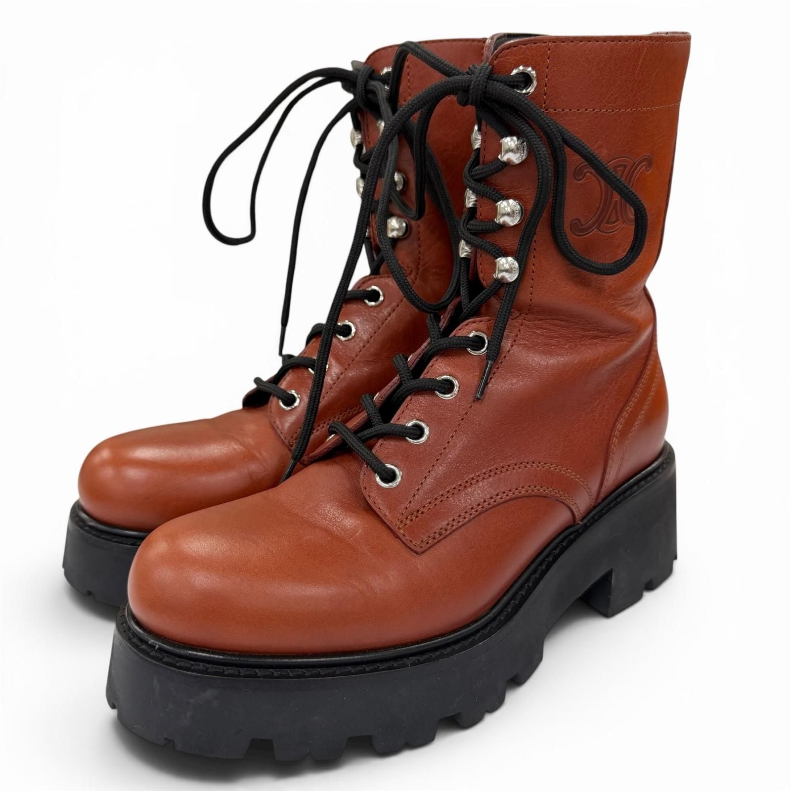 Celine Triomphe Rangers Mid Leather Lace Up Boots Short Brown