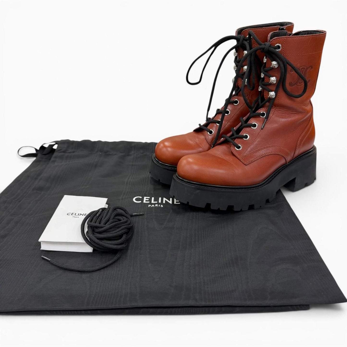 Celine Triomphe Rangers Mid Leather Lace Up Boots Short Brown — view 2