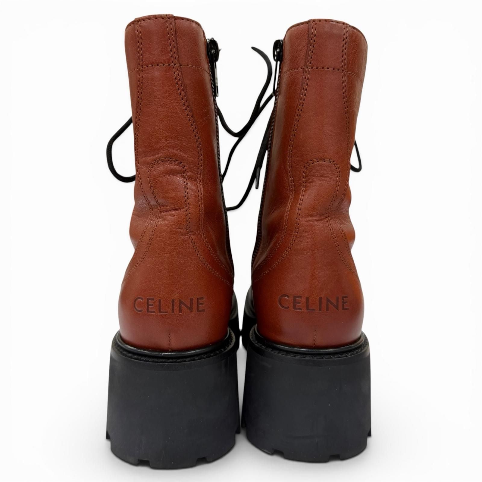 Celine Triomphe Rangers Mid Leather Lace Up Boots Short Brown — view 9