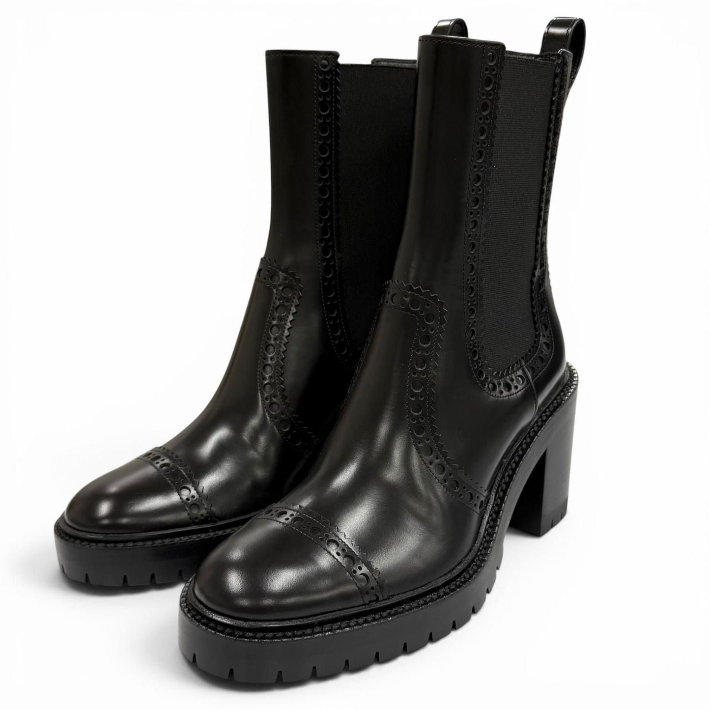 Hermes Lindsay 70 Straight Tip Side Gore Chunky Heels Leather Short Boots Black