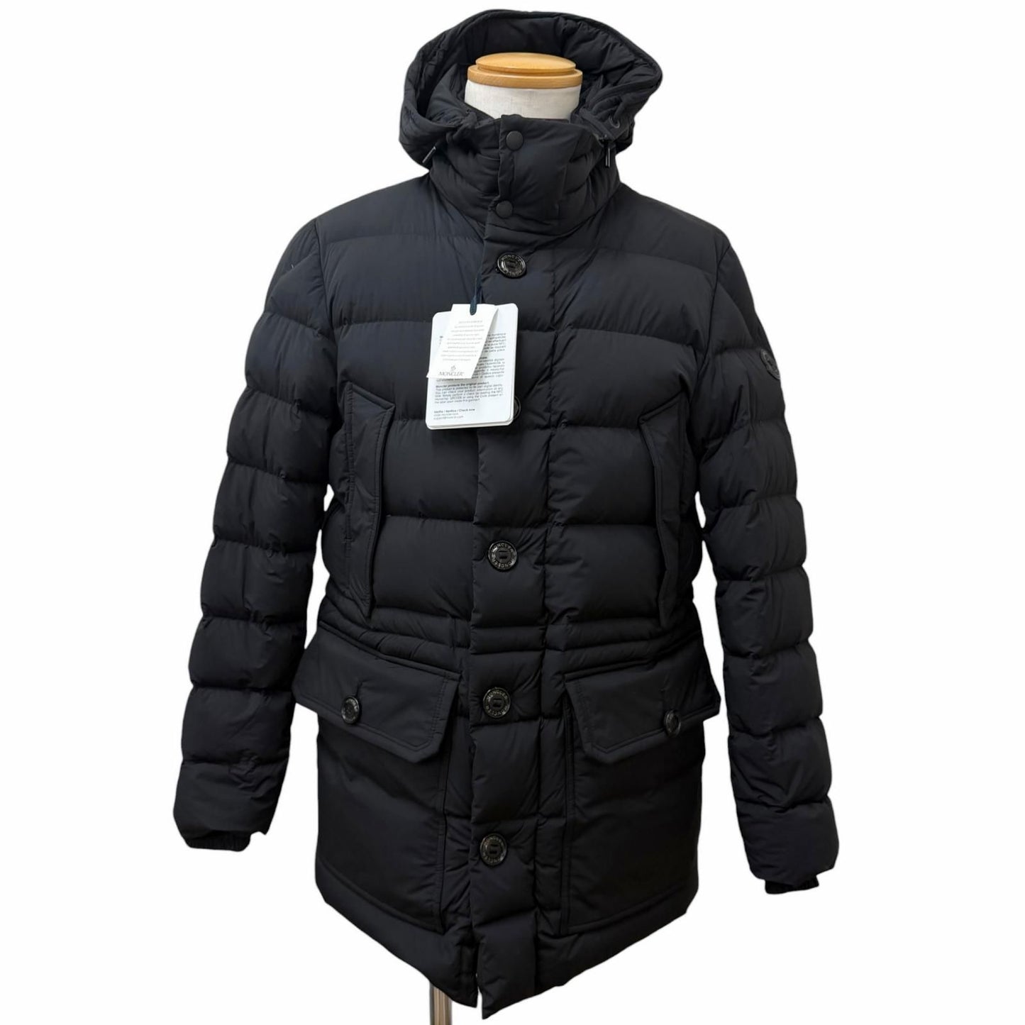 Moncler Reims Giubbotto Leather Logo Patch Hooded Down Jacket Black 1 Hanger