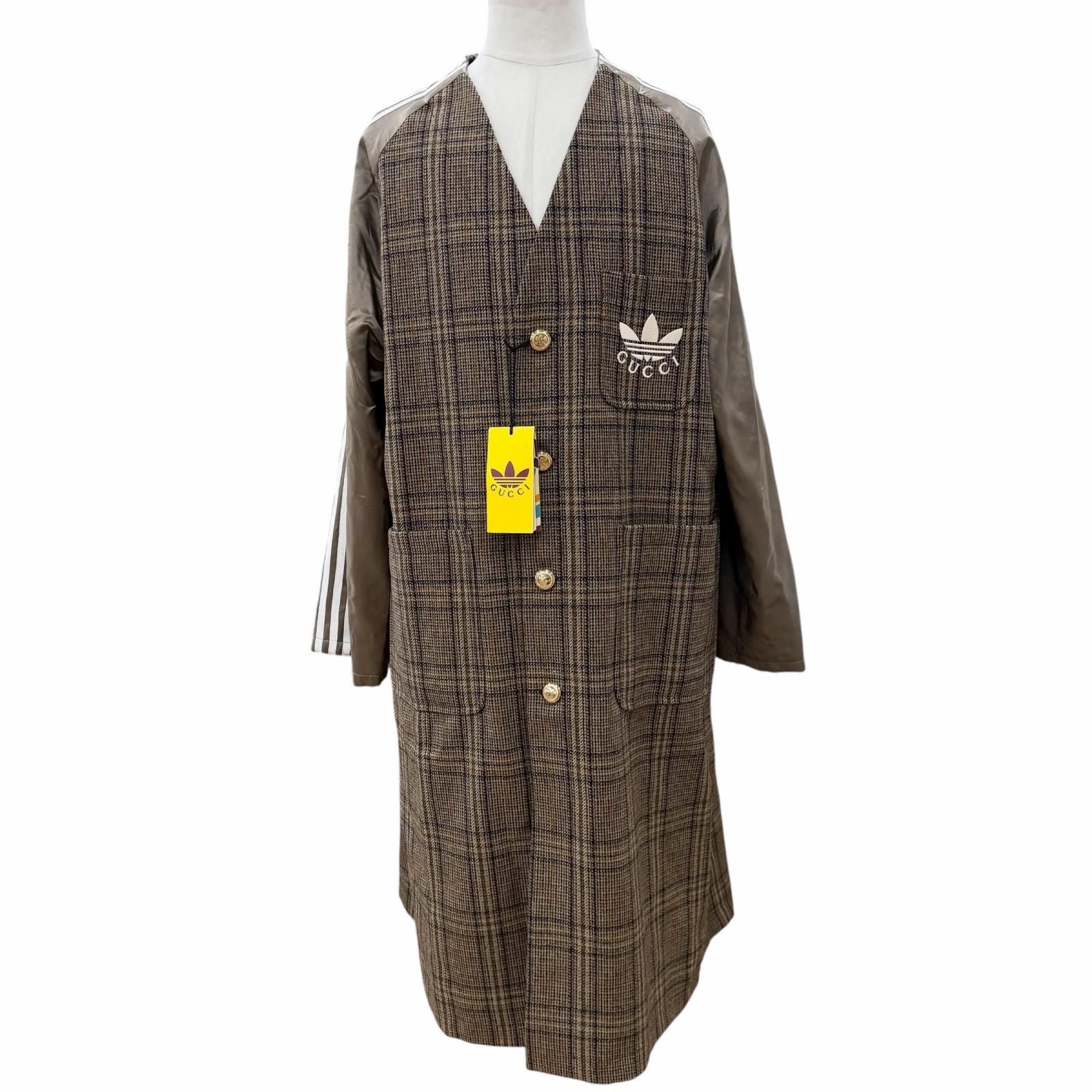 Gucci Adidas Checkered Logo Gold Button Color Coat Khaki 48 Garment Hanger