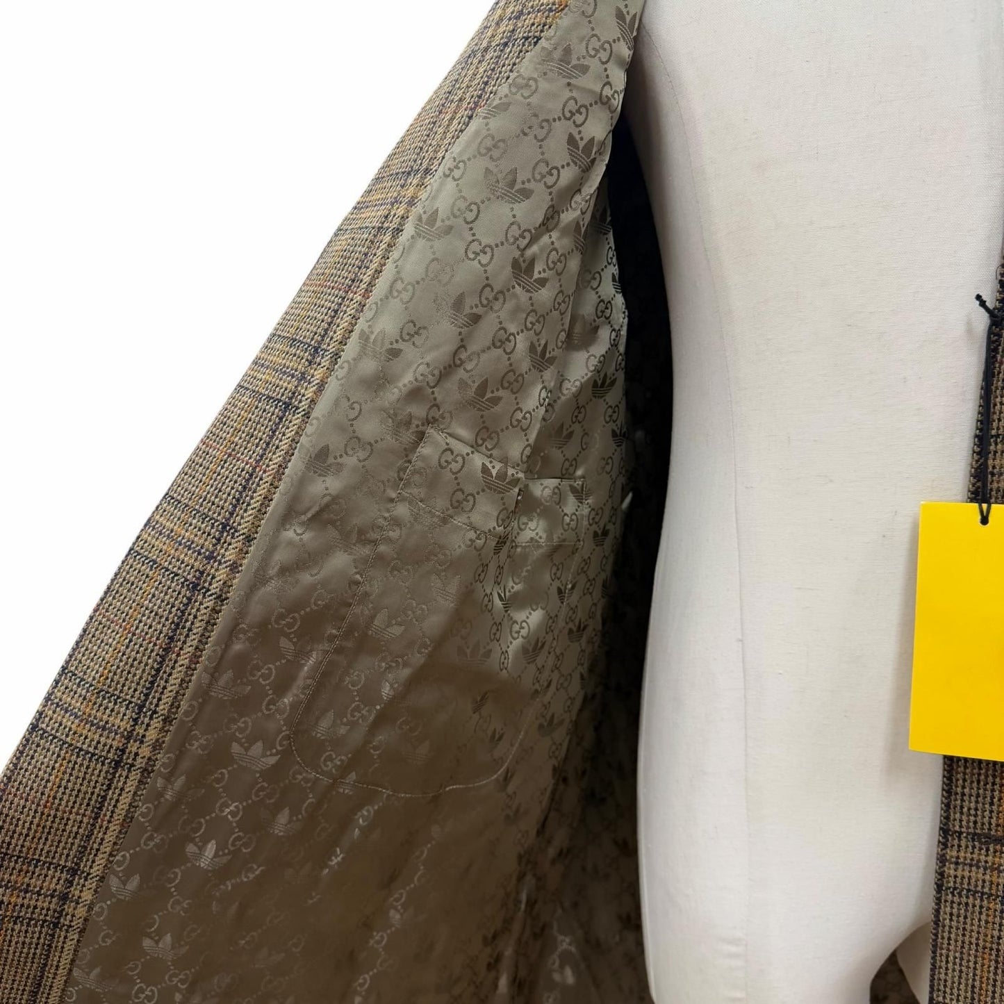 Gucci Adidas Checkered Logo Gold Button Color Coat Khaki 48 Garment Hanger — view 4