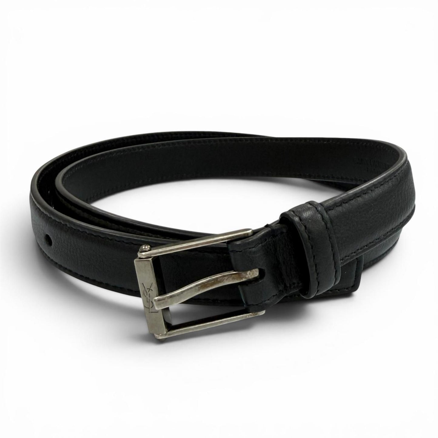 Saint Laurent Narrow Belt Dull Finish YSL Logo Leather Black