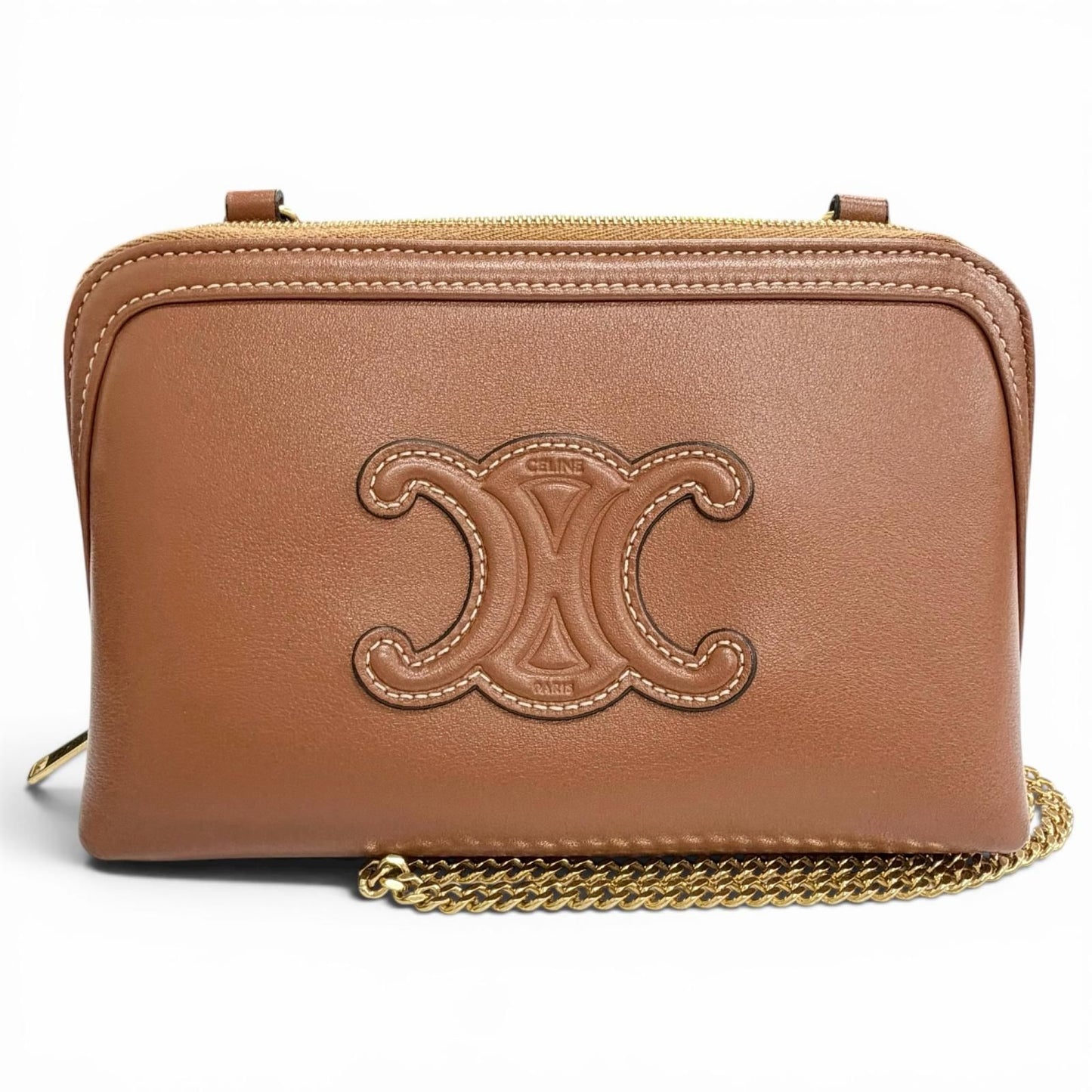 Celine Smooth Calfskin Cuill Triomphe Chain Clutch Shoulder Bag Tan Brown
