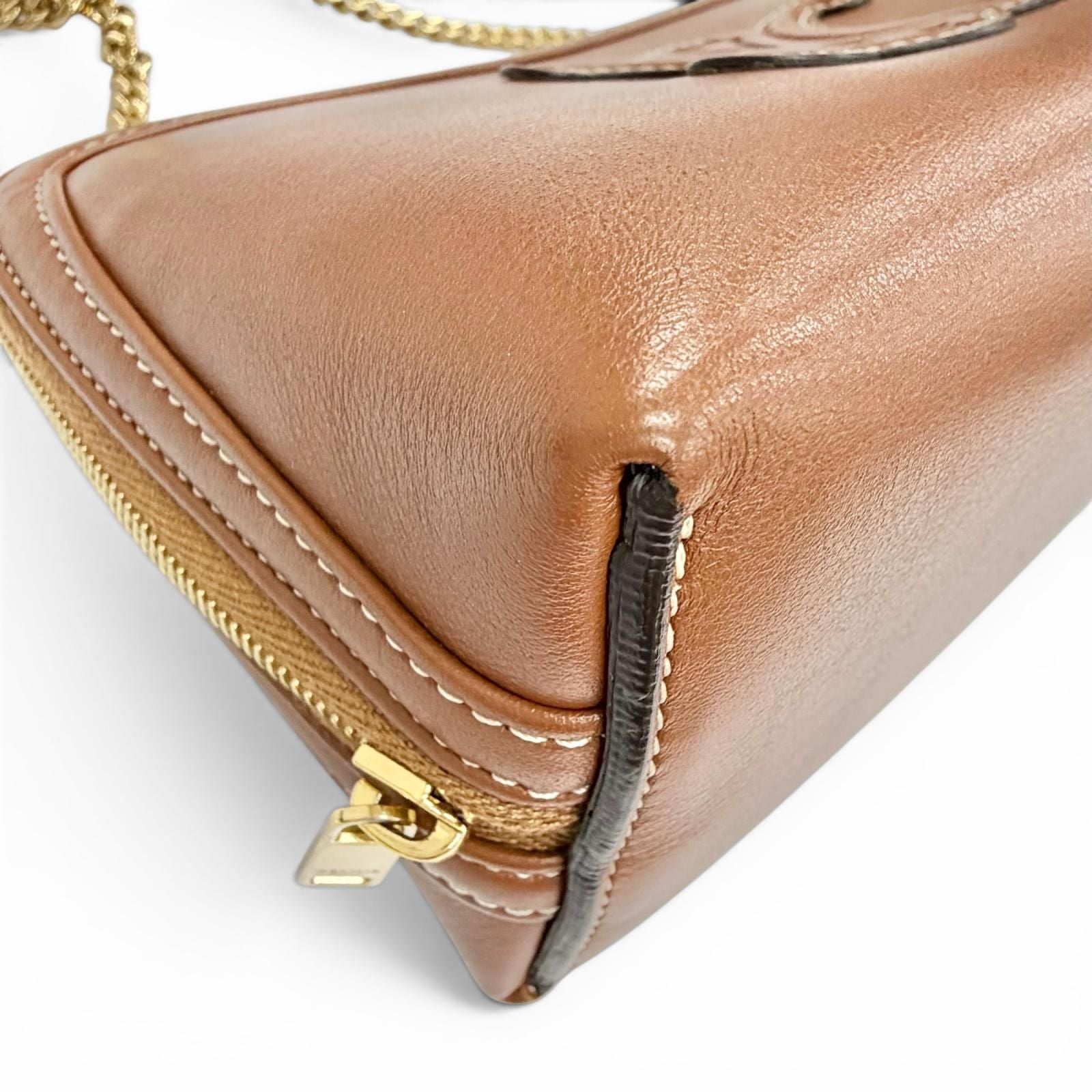 Celine Smooth Calfskin Cuill Triomphe Chain Clutch Shoulder Bag Tan Brown — view 6