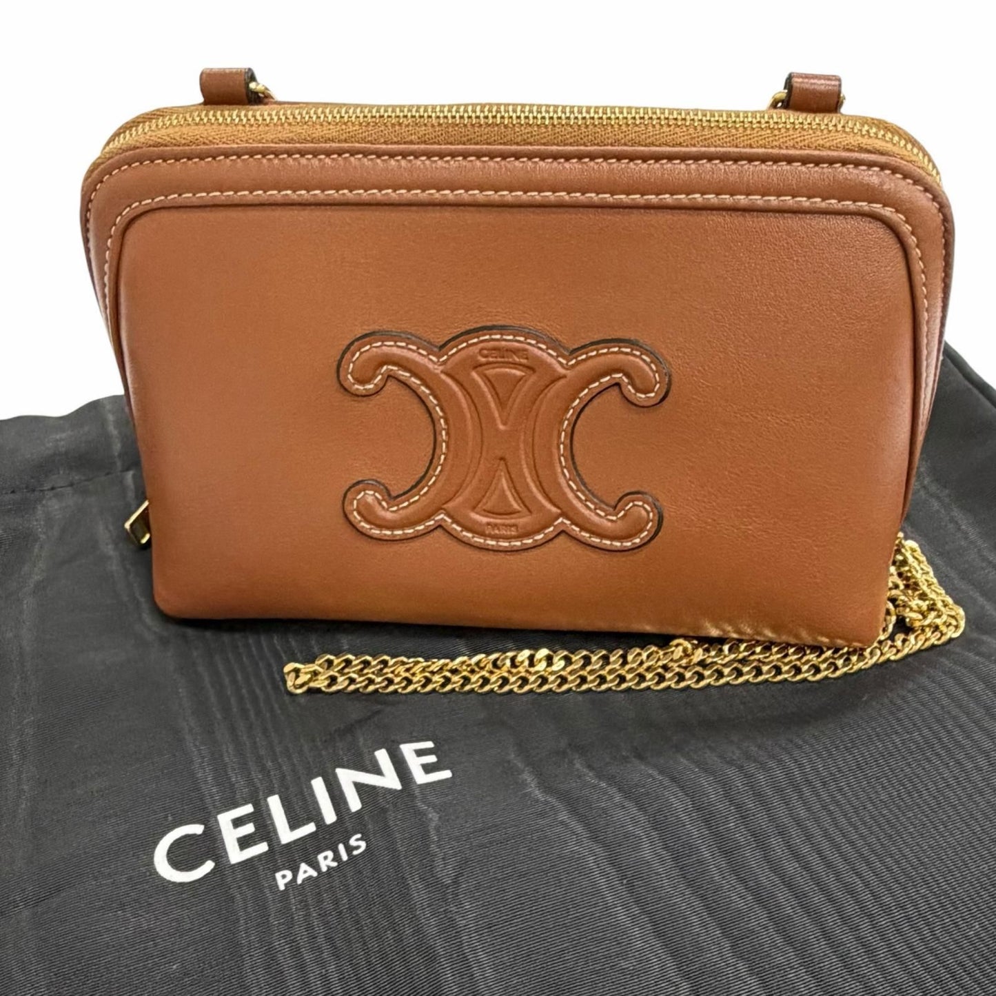 Celine Smooth Calfskin Cuill Triomphe Chain Clutch Shoulder Bag Tan Brown — view 2