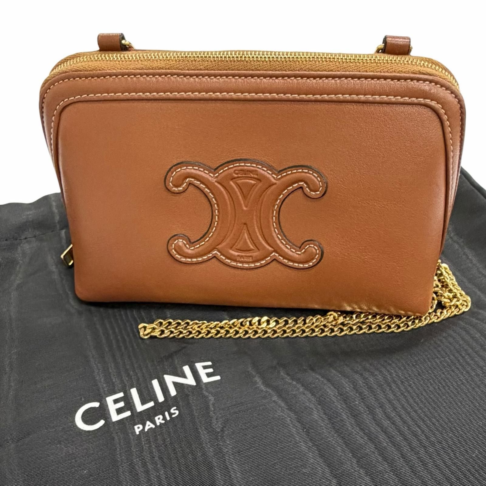 Celine Smooth Calfskin Cuill Triomphe Chain Clutch Shoulder Bag Tan Brown — view 2