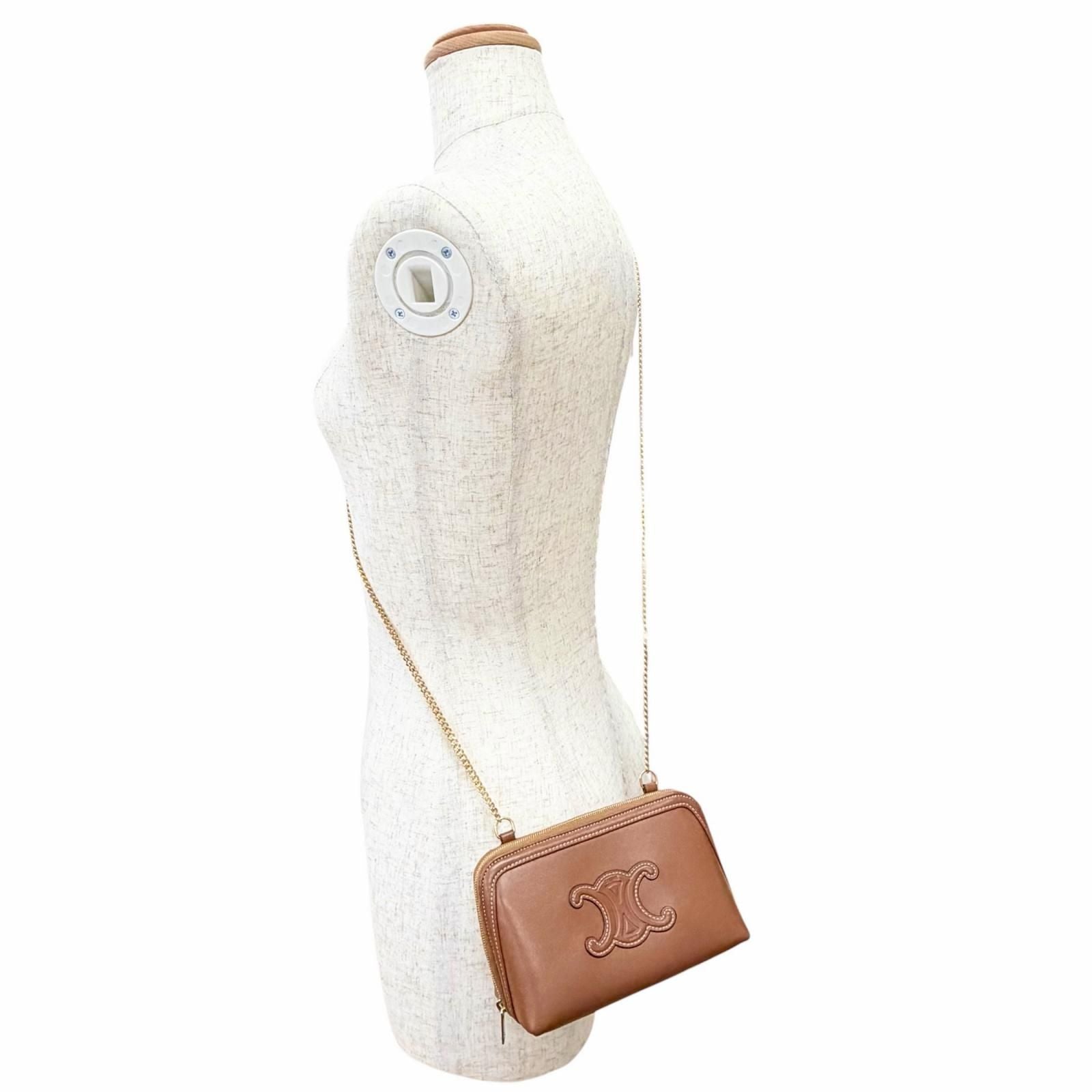 Celine Smooth Calfskin Cuill Triomphe Chain Clutch Shoulder Bag Tan Brown — view 7