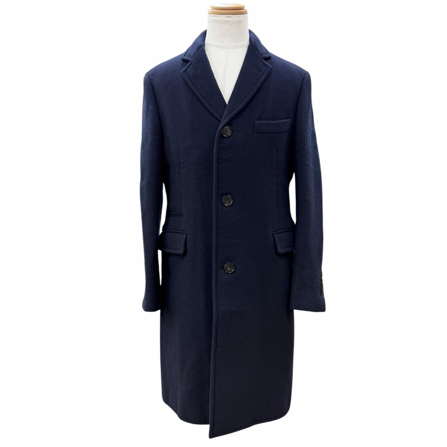 Hermes Wool Lining Logo Pattern Single Chesterfield Coat Navy 50 Hanger