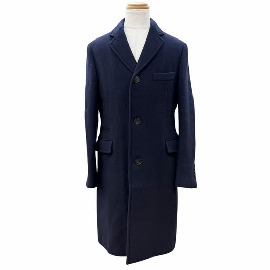 Hermes Wool Lining Logo Pattern Single Chesterfield Coat Navy 50 Hanger