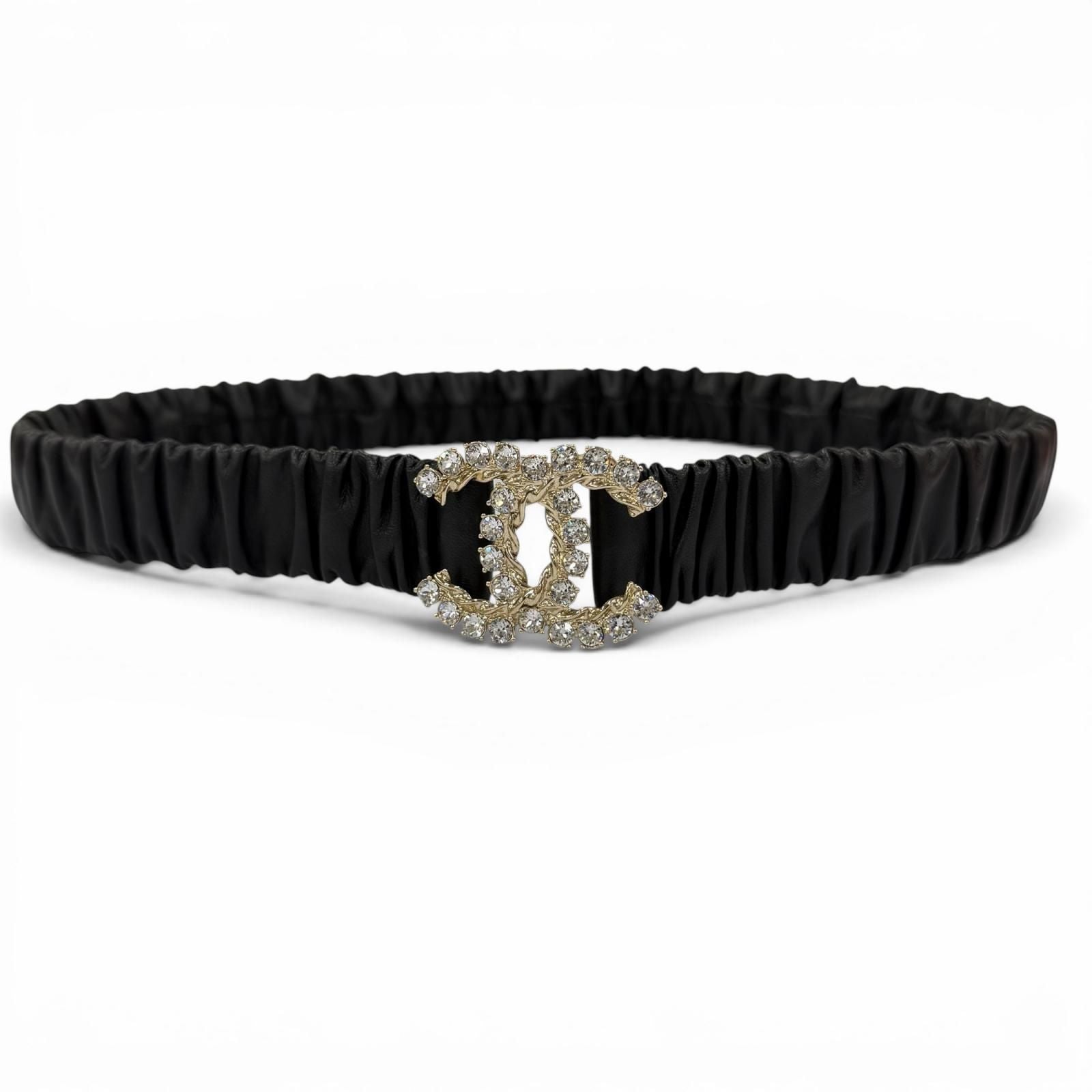 Chanel 21c CC Logo Rhinestone Leather Rubber Belt Black Gold — view 2