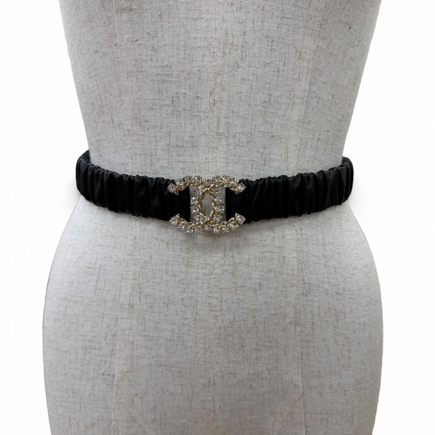 Chanel 21c CC Logo Rhinestone Leather Rubber Belt Black Gold — view 5