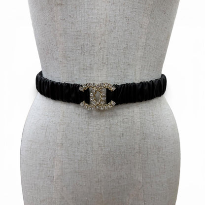 Chanel 21c CC Logo Rhinestone Leather Rubber Belt Black Gold — view 5