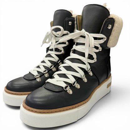 Hermes Flocon Leather Shearling Lace Up High Cut Sneakers Black 37 Recommended