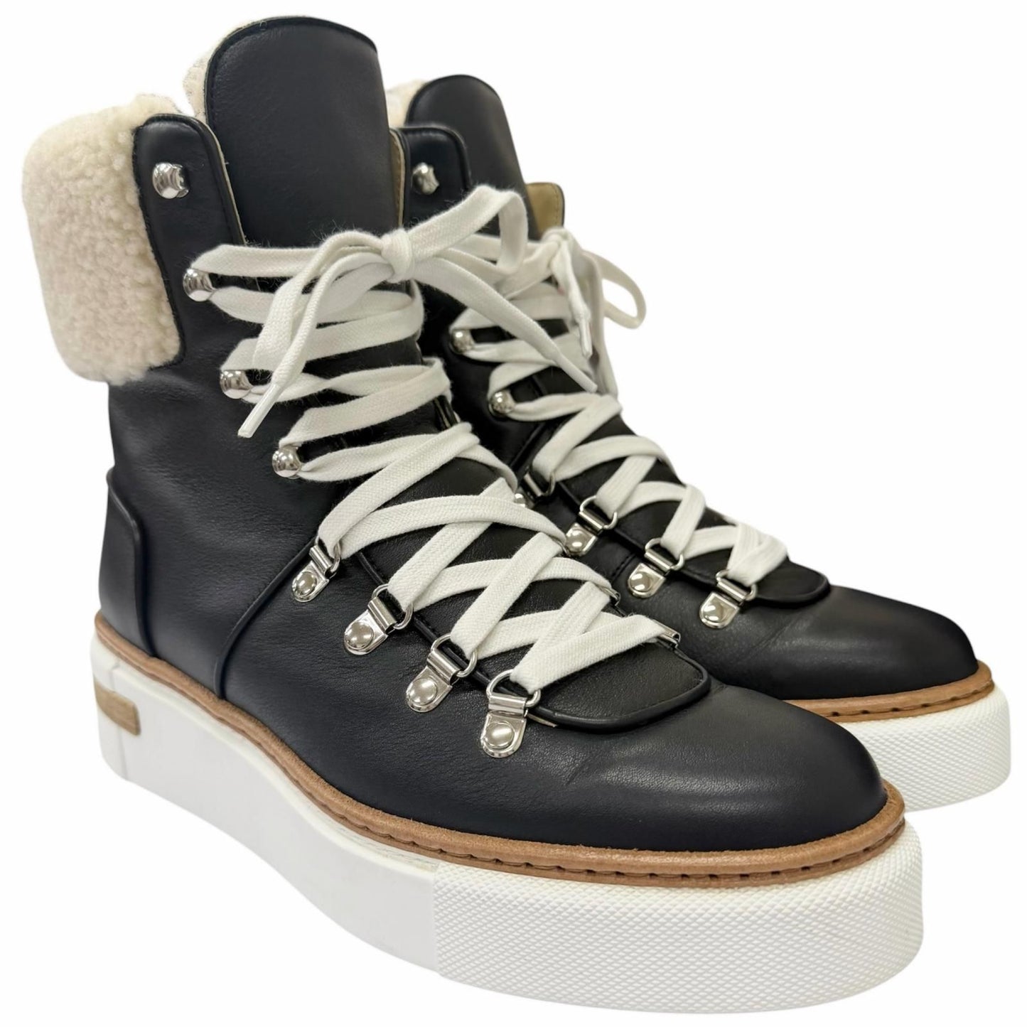 Hermes Flocon Leather Shearling Lace Up High Cut Sneakers Black 37 Recommended — view 2