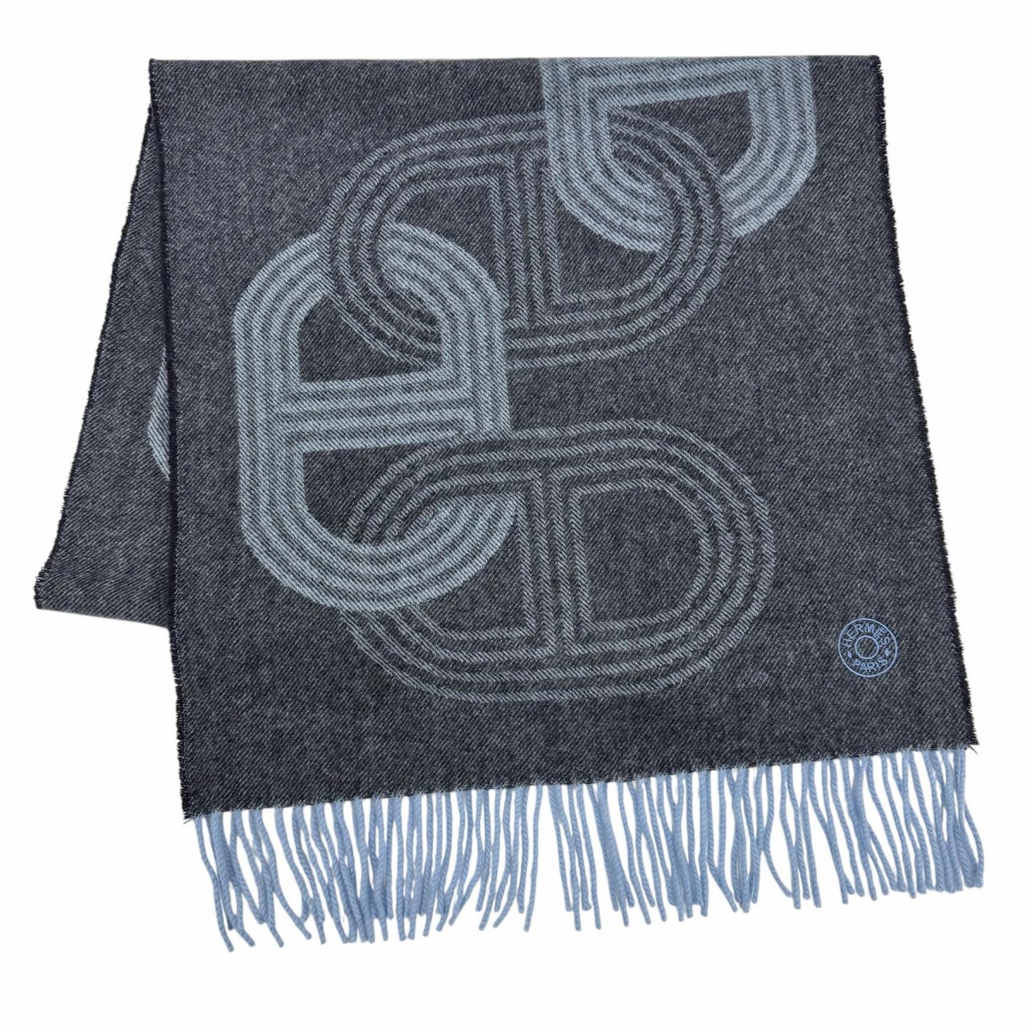 Hermes No 24 Circuit Cashmere Chaine D'ancre Circle Logo Fringe Scarf Shawl Blue