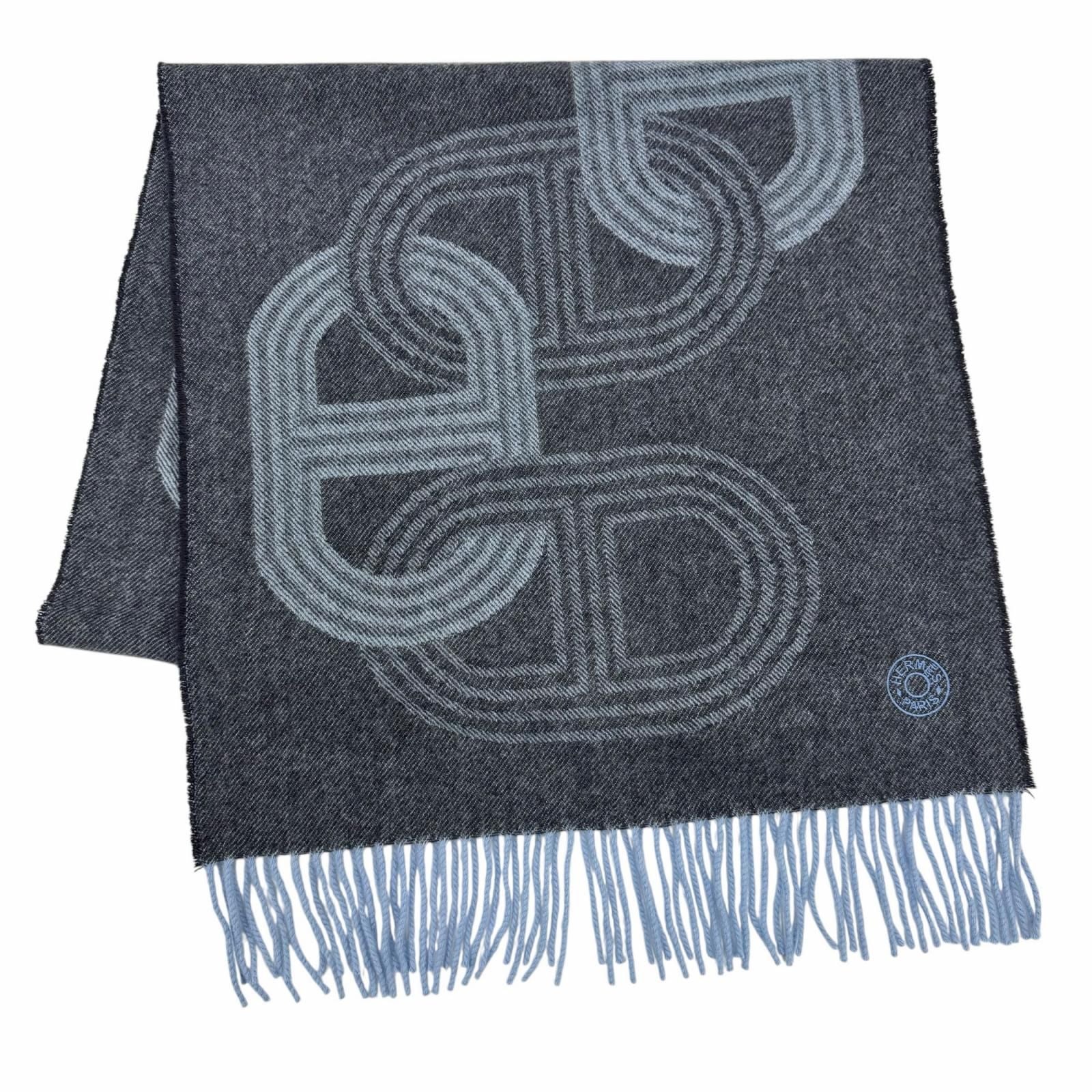 Hermes No 24 Circuit Cashmere Chaine D'ancre Circle Logo Fringe Scarf Shawl Blue
