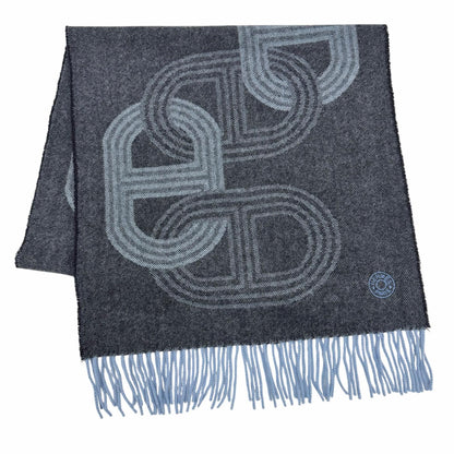 Hermes No 24 Circuit Cashmere Chaine D'ancre Circle Logo Fringe Scarf Shawl Blue