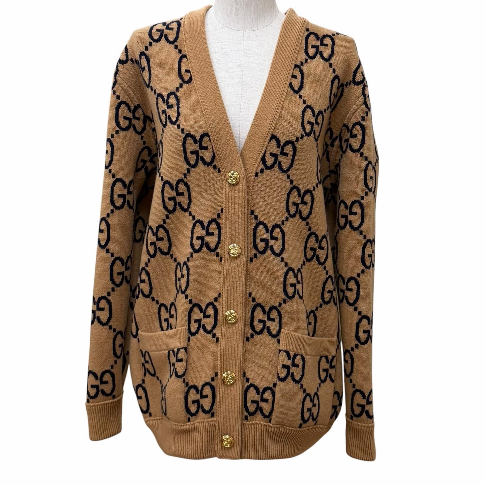 Gucci Wool Blend Reversible Check Jumbo GG Oversize Knit Cardigan Brown XS — view 2