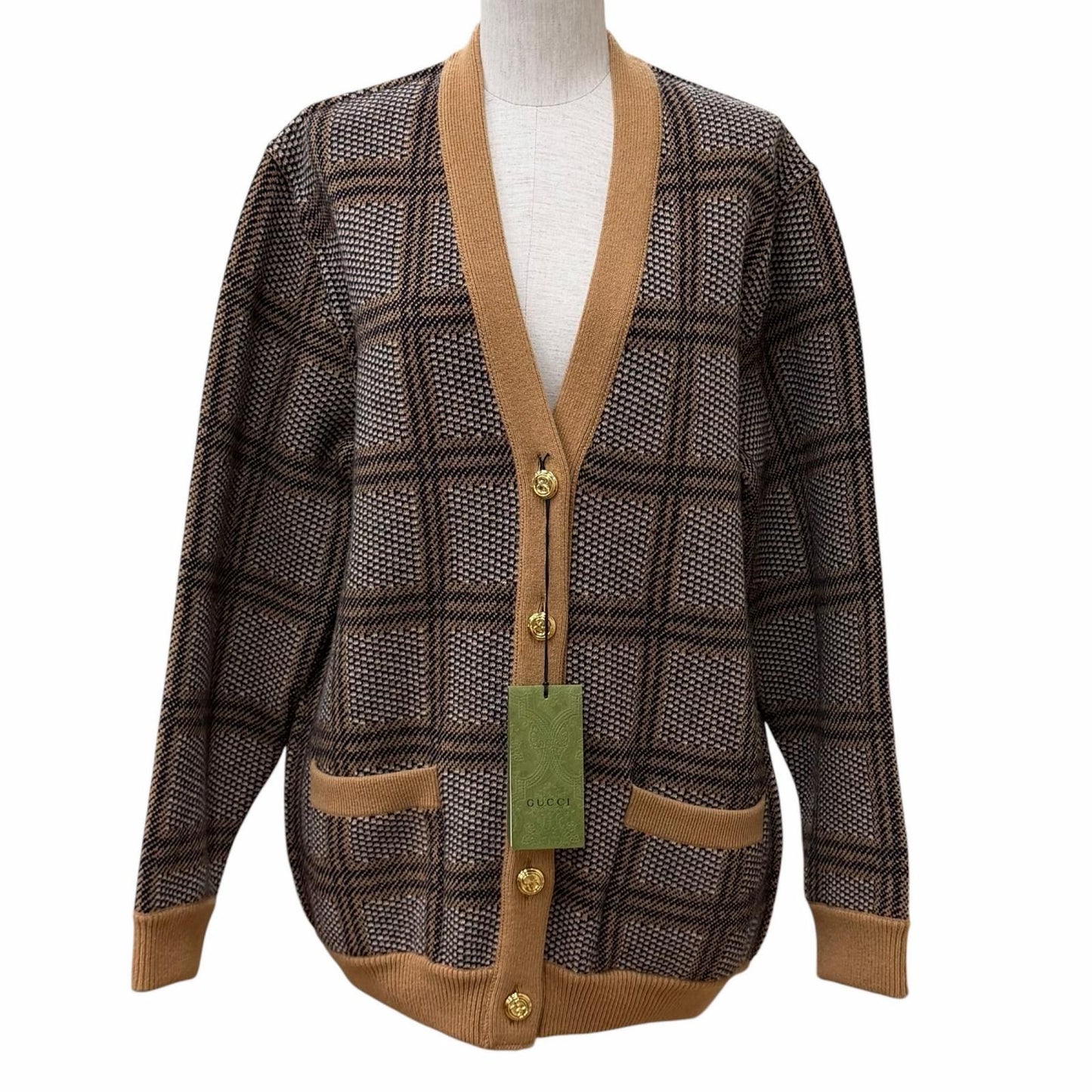Gucci Wool Blend Reversible Check Jumbo GG Oversize Knit Cardigan Brown XS