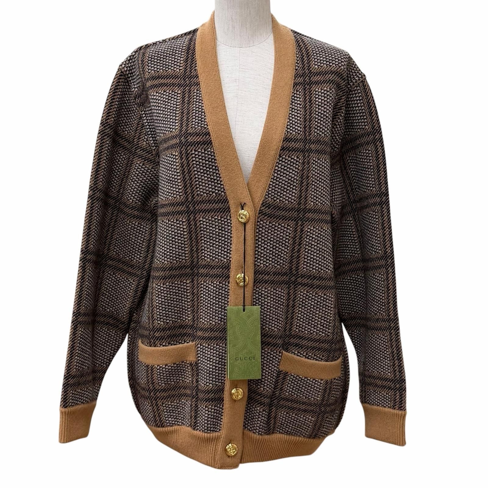 Gucci Wool Blend Reversible Check Jumbo GG Oversize Knit Cardigan Brown XS