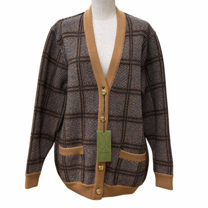 Gucci Wool Blend Reversible Check Jumbo GG Oversize Knit Cardigan Brown XS