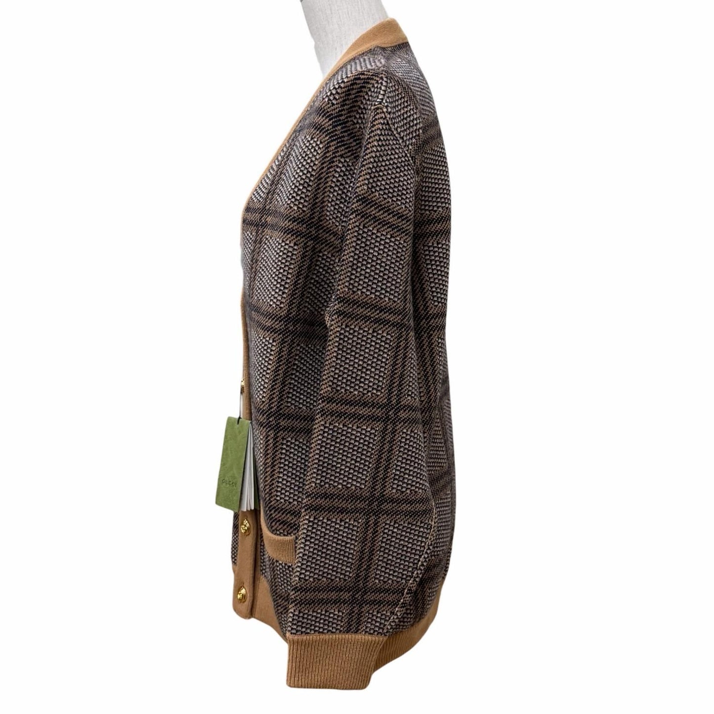 Gucci Wool Blend Reversible Check Jumbo GG Oversize Knit Cardigan Brown XS — view 3