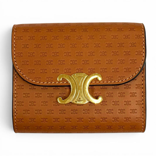 Celine Small Flap Wallet Triomphe Embossed Leather Trifold Brown