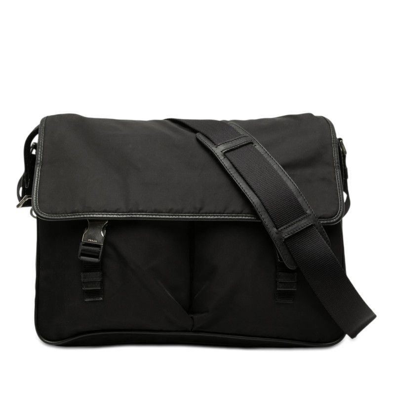 Prada Shoulder Bag Black Nylon Saffiano Leather