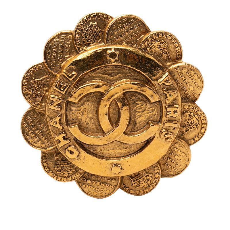 Chanel CC Logo Flower Motif Vintage Brooch Gold Plated