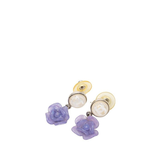 Chanel CC Logo Camellia Earrings Silver Purple Metal Plastic