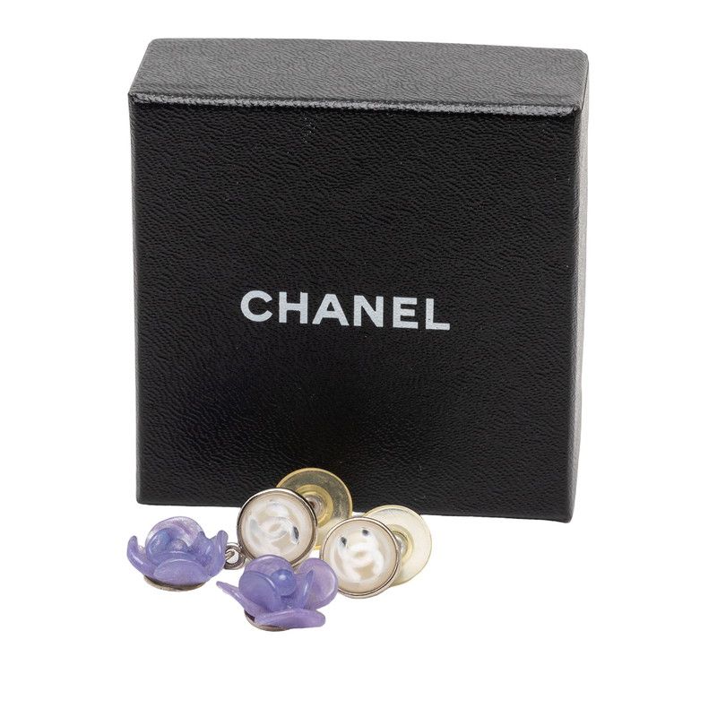 Chanel CC Logo Camellia Earrings Silver Purple Metal Plastic — view 4