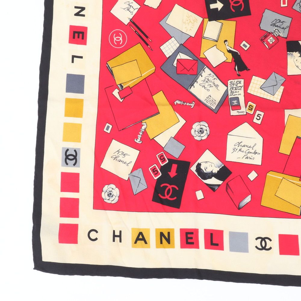 Chanel Tagged Camellia Stationery Pattern Silk Scarf — view 5