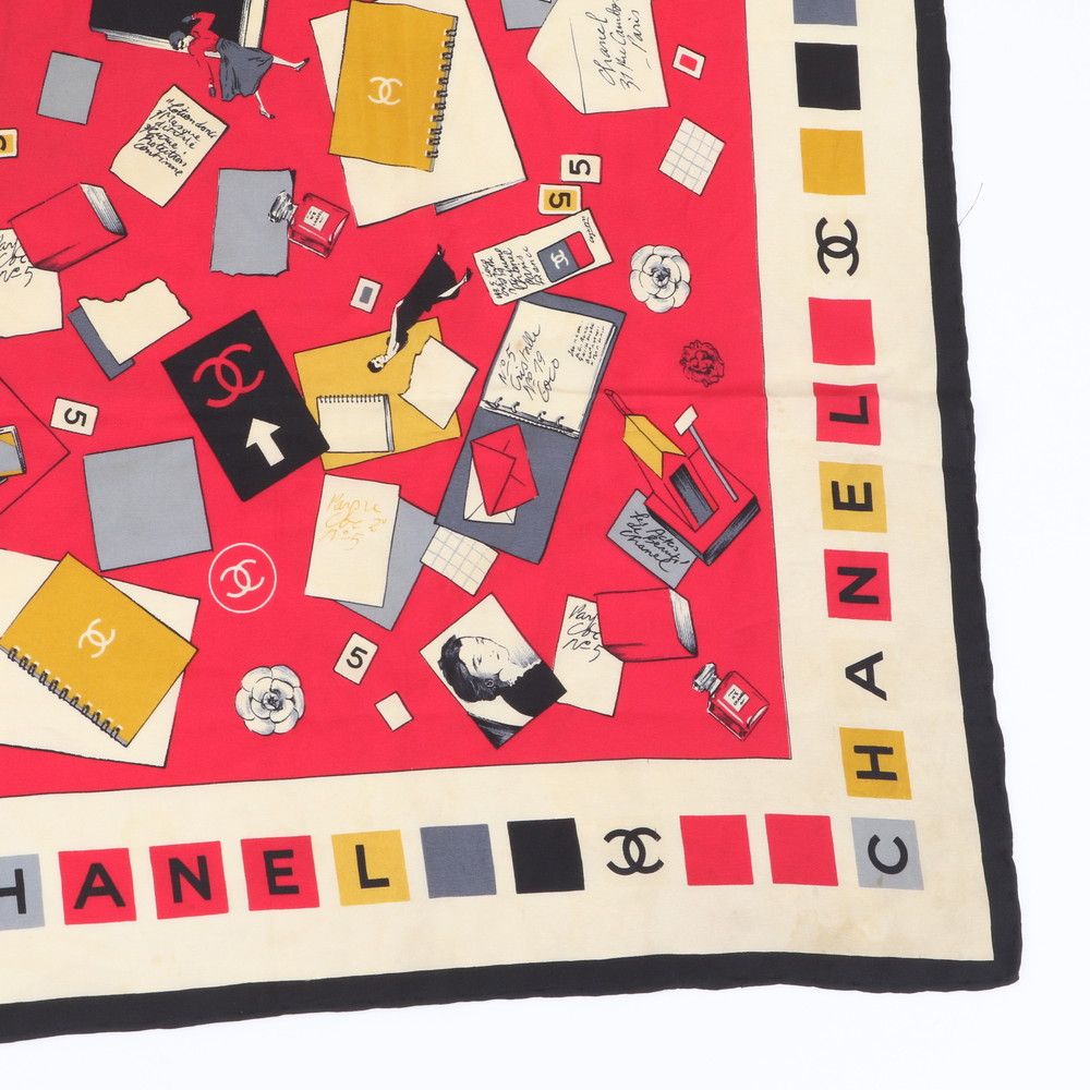 Chanel Tagged Camellia Stationery Pattern Silk Scarf — view 4