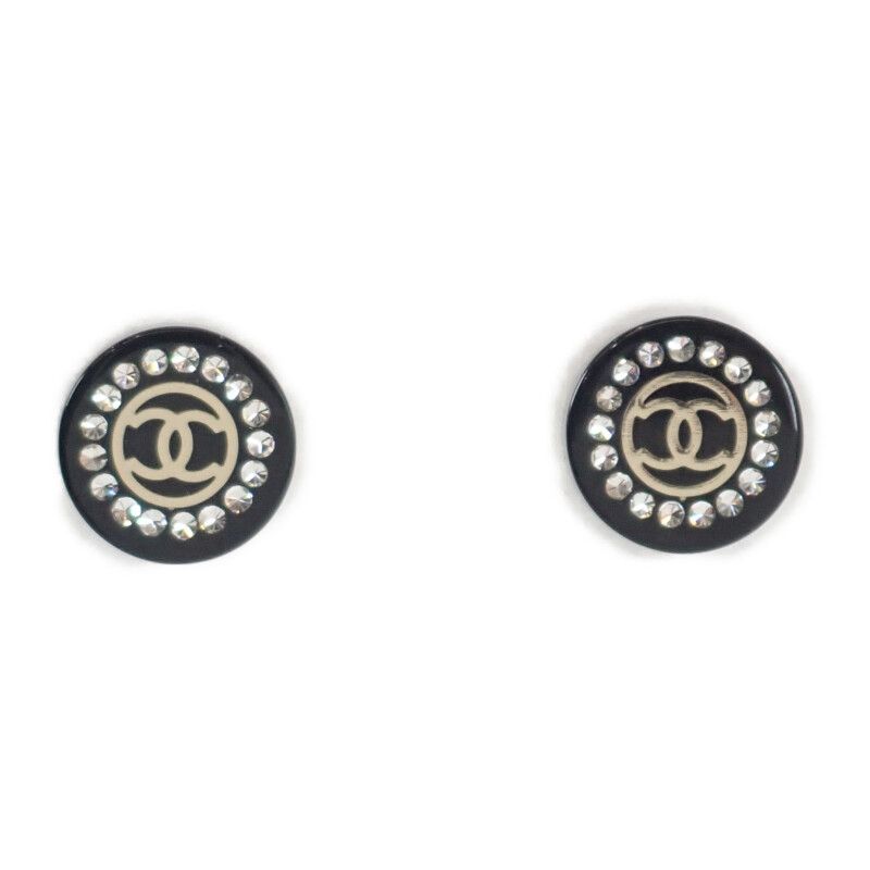 Chanel CC Round Earrings Rhinestone Black Silver