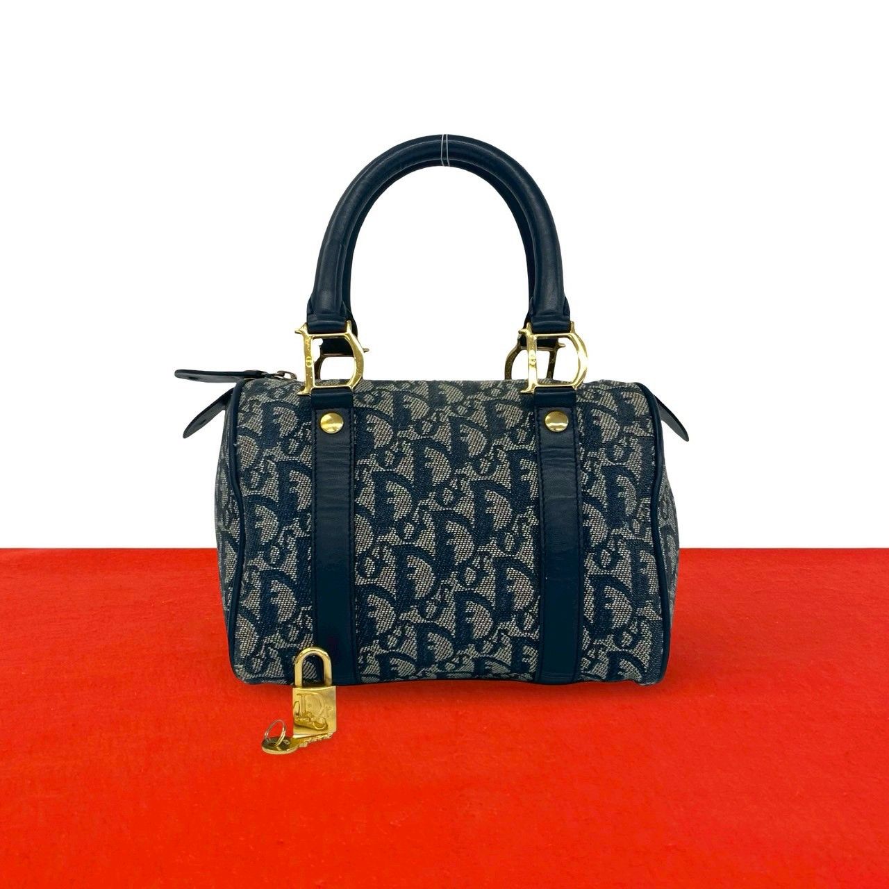 Dior Trotter Logo Pattern Canvas Leather Mini Boston Bag Navy