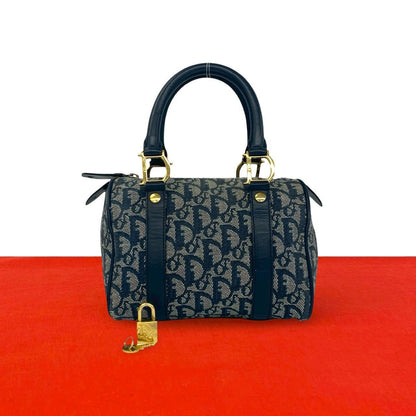 Dior Trotter Logo Pattern Canvas Leather Mini Boston Bag Navy