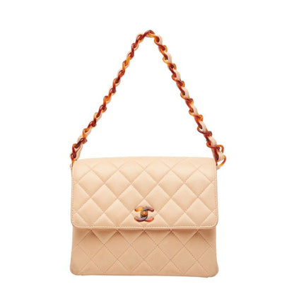 Chanel Quilted CC Logo Chain Shoulder Bag Pink Beige Lambskin Plastic