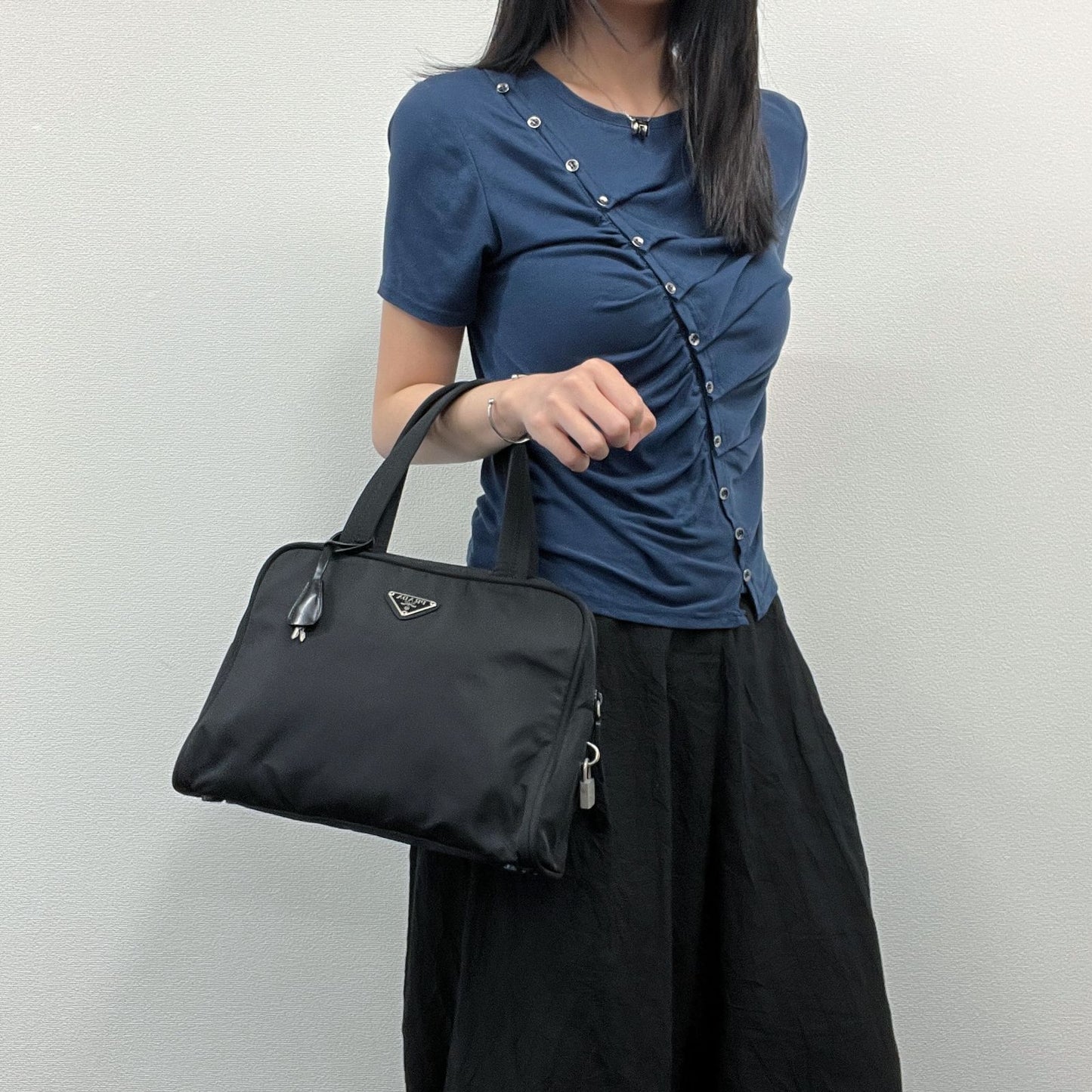 Prada Shoulder Bag Nylon Leather Black Silver Vintage