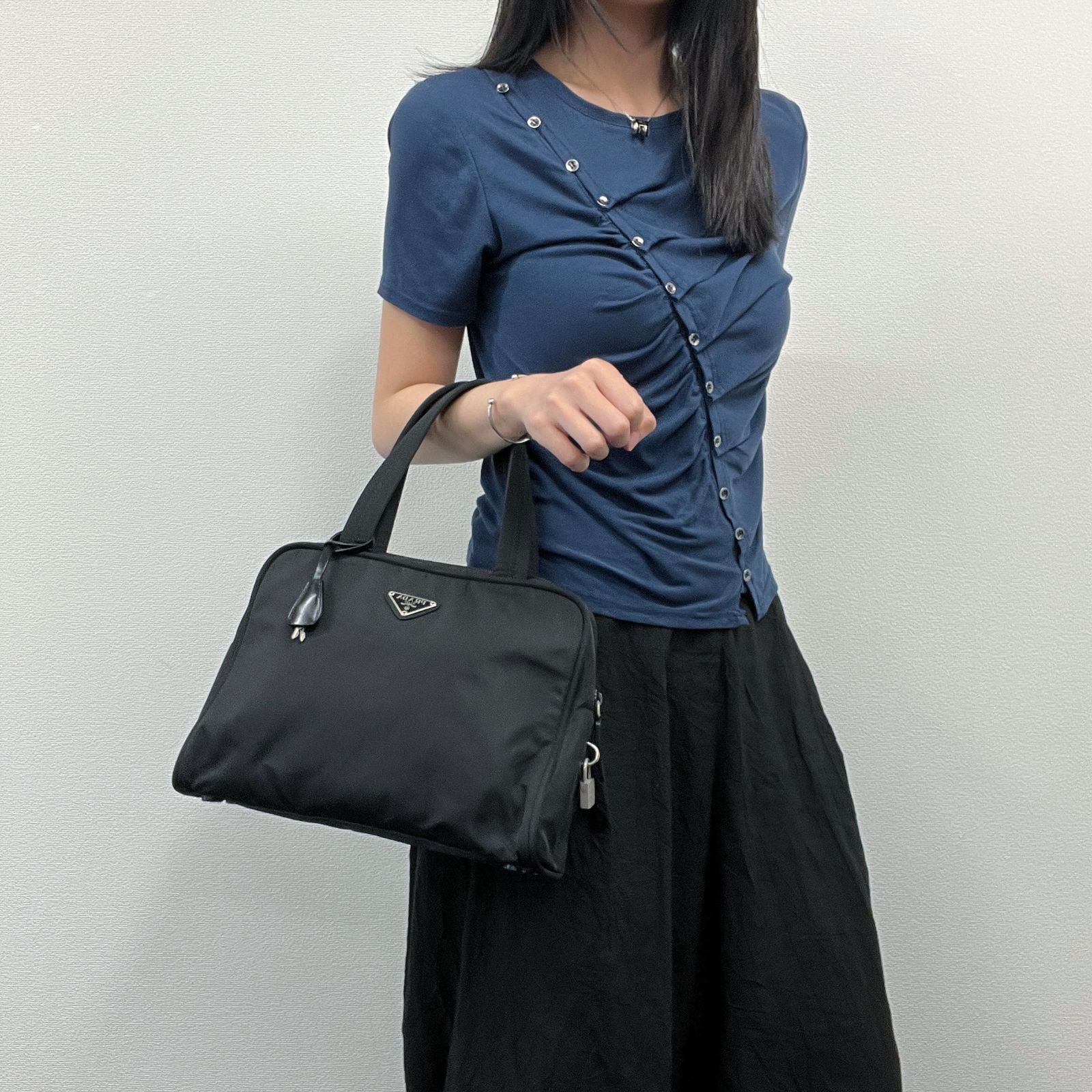 Prada Shoulder Bag Nylon Leather Black Silver Vintage