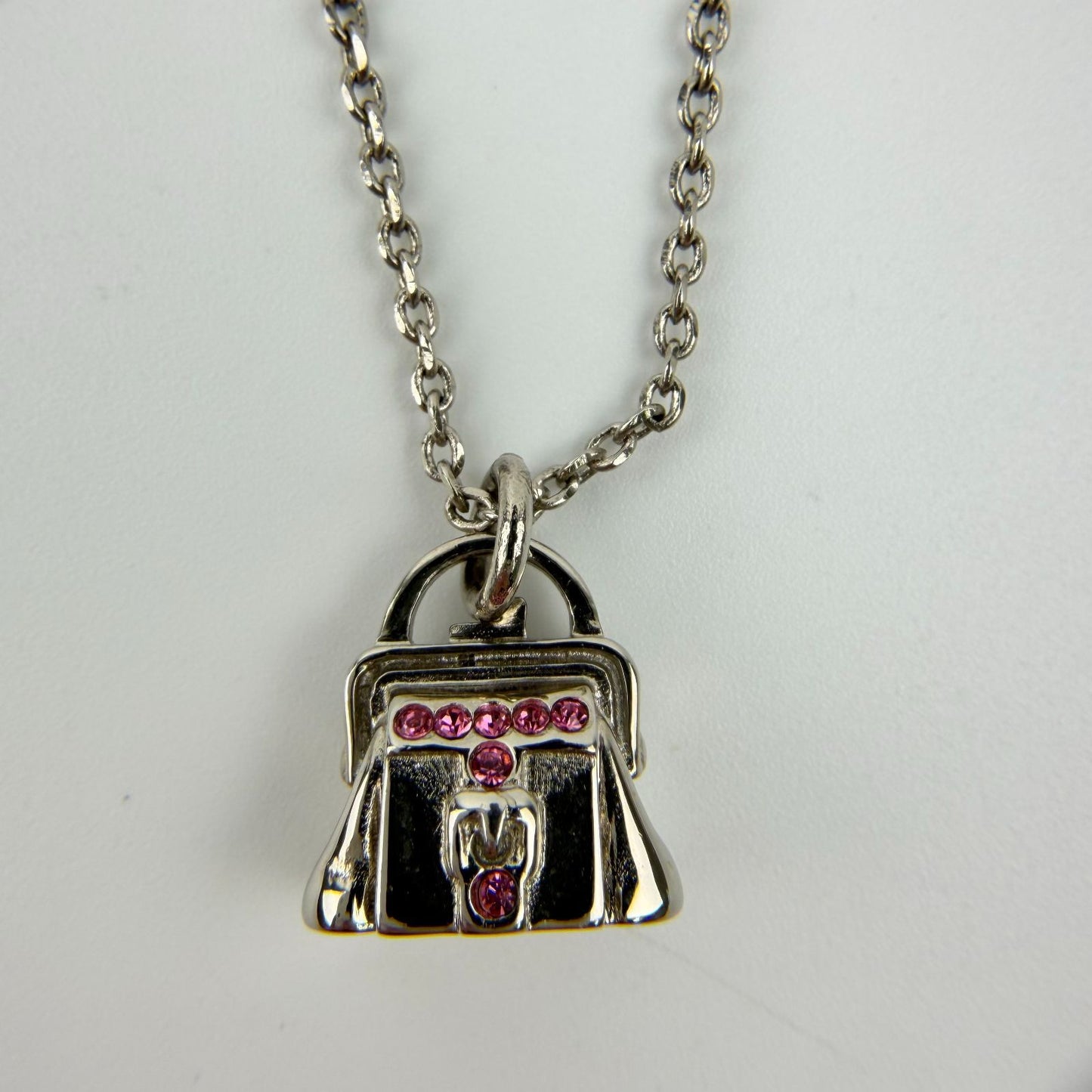 Celine Bag Motif Necklace Plated Rhinestone Silver Pink Vintage