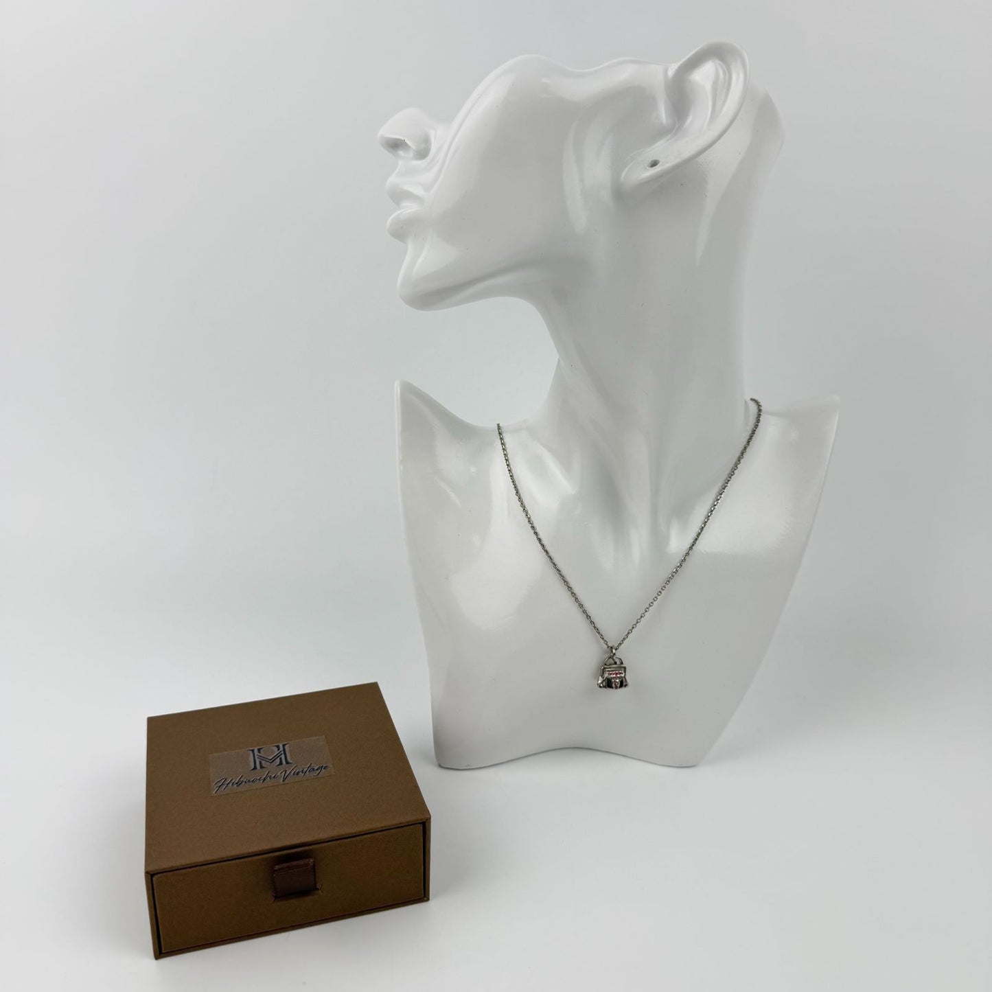 Celine Bag Motif Necklace Plated Rhinestone Silver Pink Vintage — view 8