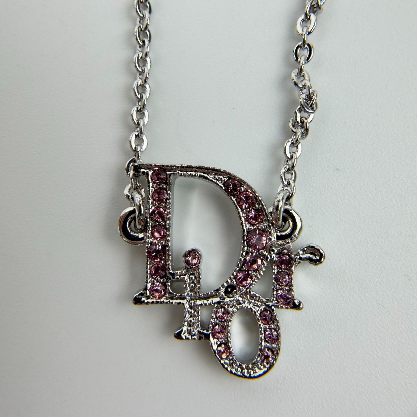 Dior Logo Rhinestone Necklace Plated Silver Pink Vintage