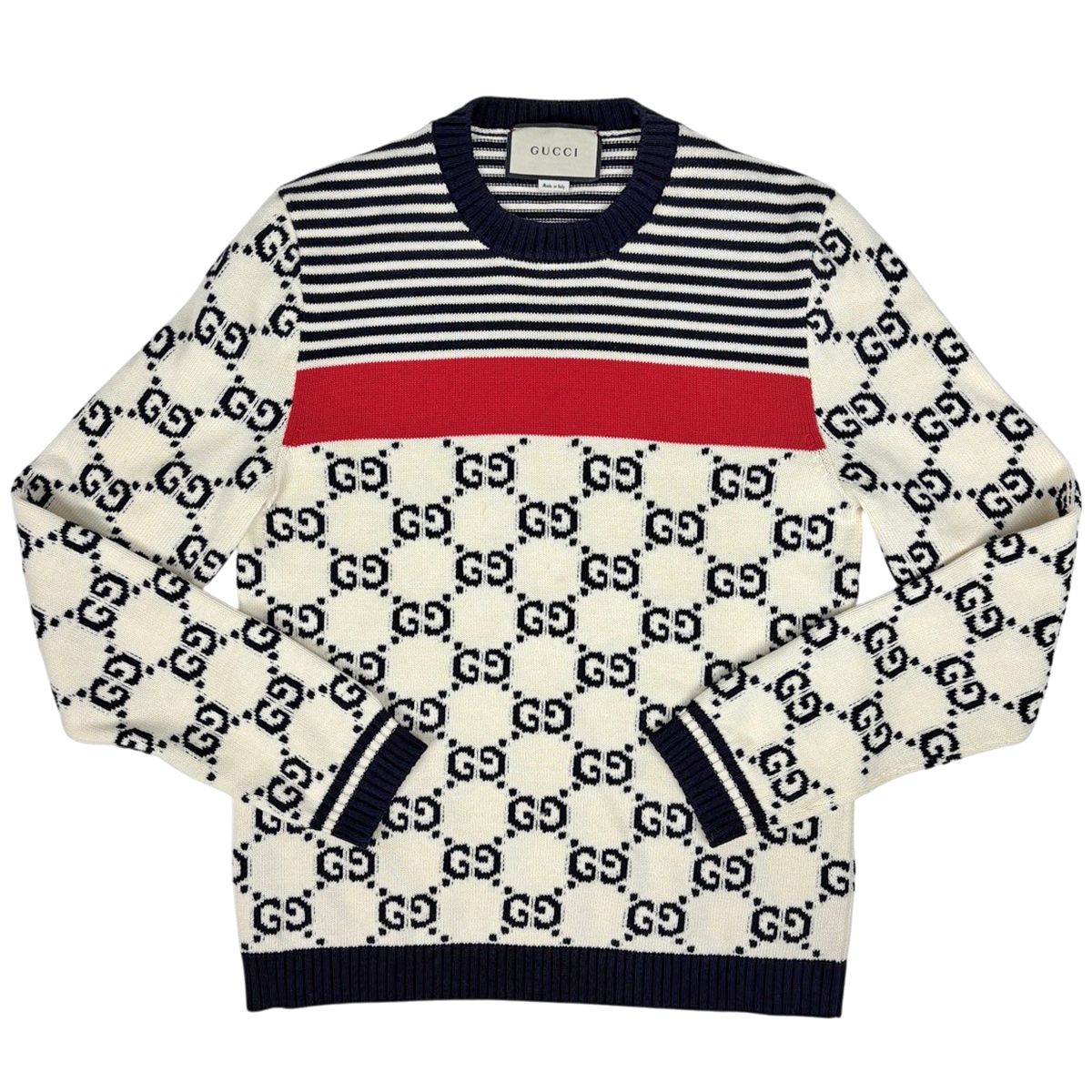 Gucci Logo Knit GG Pattern Top Cotton White Sweater