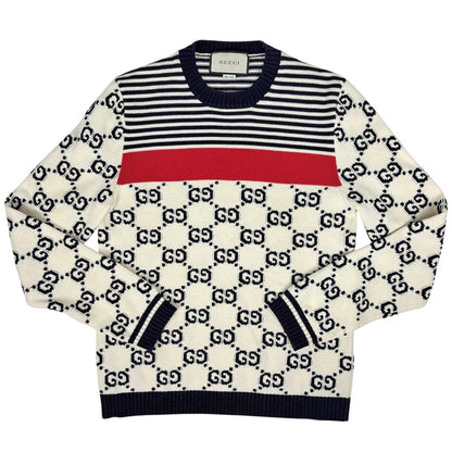 Gucci Logo Knit GG Pattern Top Cotton White Sweater