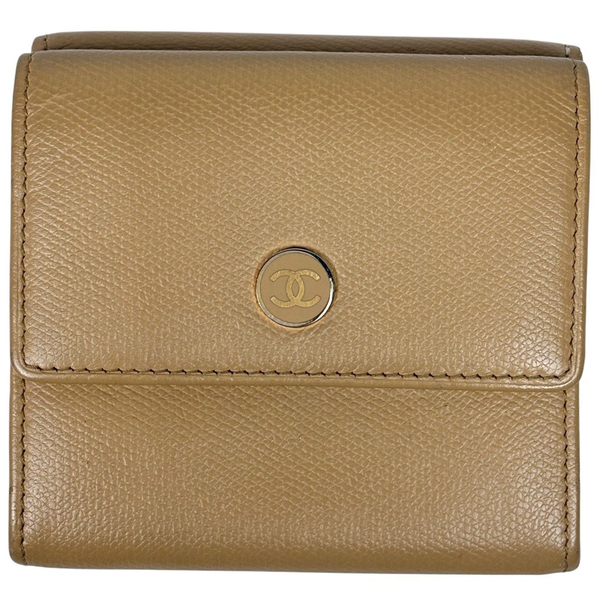 Chanel Coco Button Trifold Wallet CC Logo Hook Leather Beige