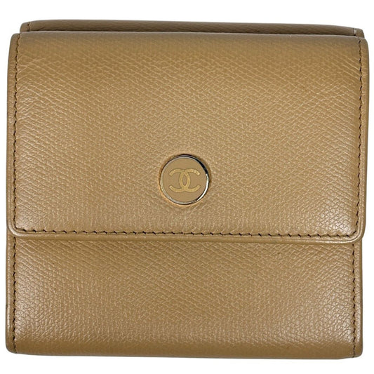 Chanel Coco Button Trifold Wallet CC Logo Hook Leather Beige