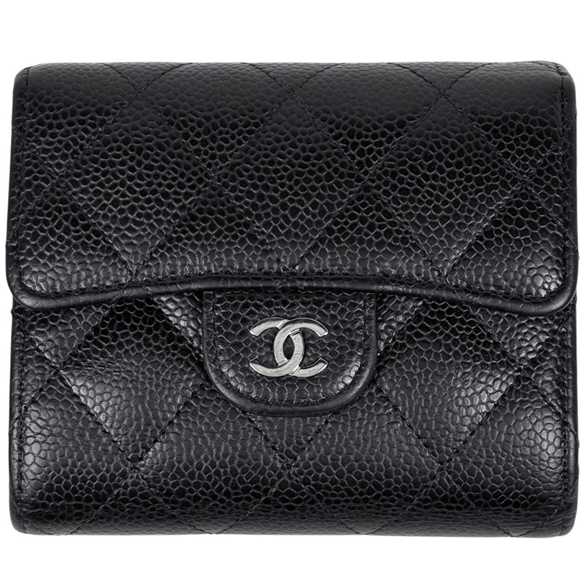 Chanel CC Logo Trifold Wallet Quilted Caviar Leather Black