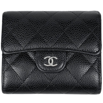 Chanel CC Logo Trifold Wallet Quilted Caviar Leather Black